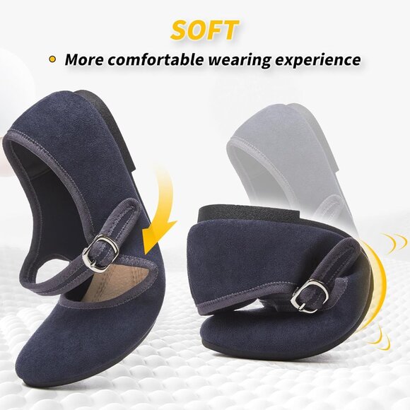 Babudog Womens Navy Faux Suede Rounded Toe Ankle Strap With Buckle Flats - Picture 3 of 9